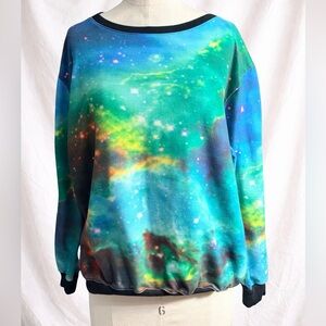 Galaxy Print Sweatshirt Pullover Blue Green Cosmic Space Nebula No Tags
